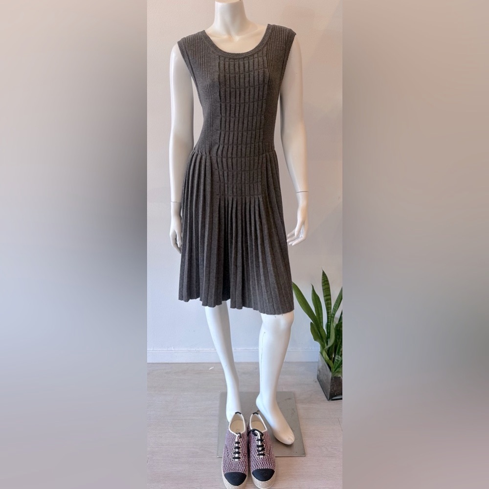 CHANEL Gray Pleated Ribbed Sheath Dress
